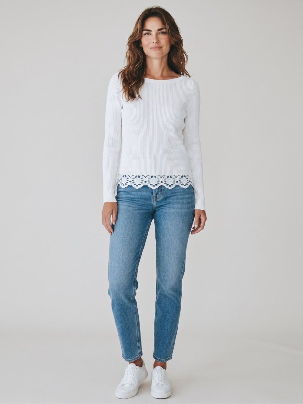Ann Taylor White Ribbed Cotton Crochet Lace Hem Sweater